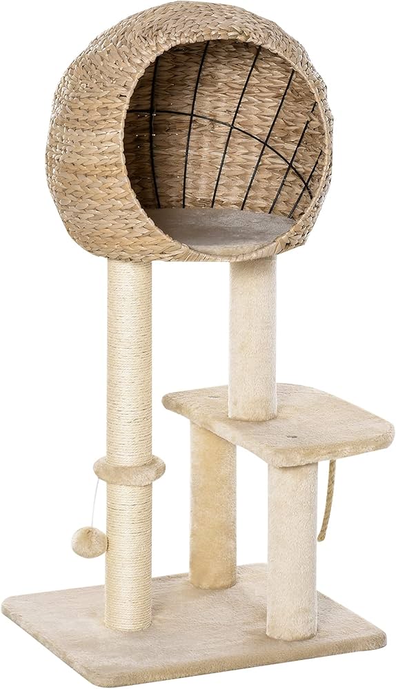 PawHut beige cat tree with sisal scratching post condo and hanging rope for indoor cats