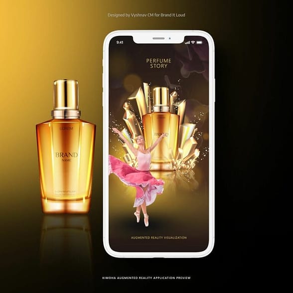 Augmented reality phygital beauty tech concept showing smartphone AR interaction with perfume product