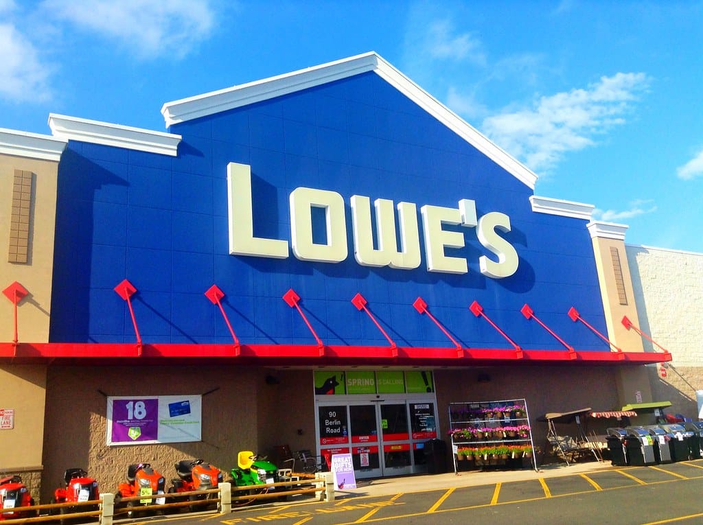Lowes Home Improvement Center exterior with signature blue signage and garden center visible