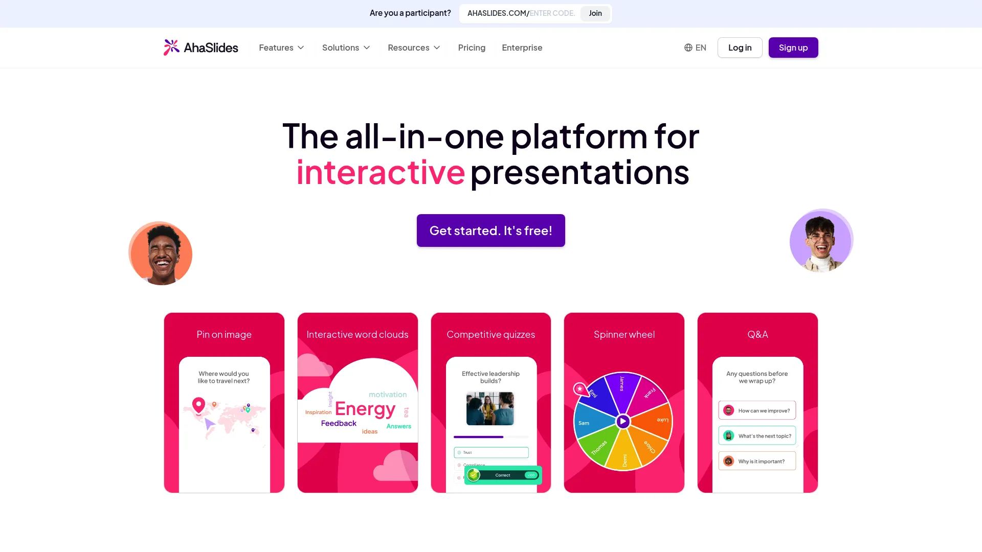 AhaSlides feature dashboard showing polls quizzes word cloud and Q&A interactive presentation options