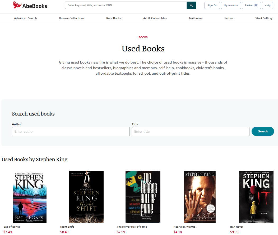 Comparison chart of AbeBooks Thriftbooks Alibris Amazon Biblio second-hand book websites features