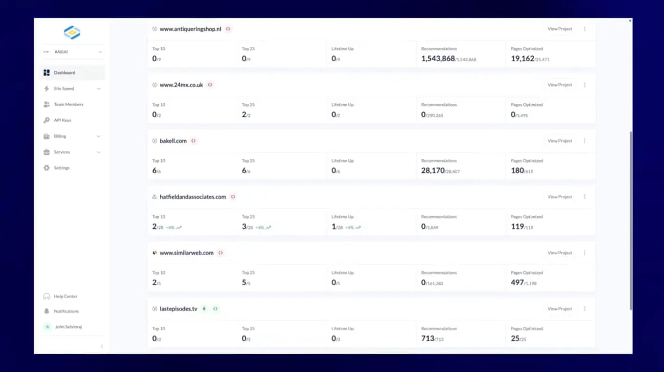 Alli AI SEO automation platform dashboard showing content brief workflow and optimization features