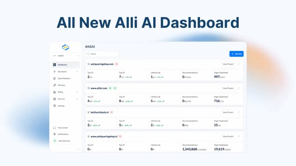 Alli AI new dashboard interface showing SEO automation controls and site optimization features