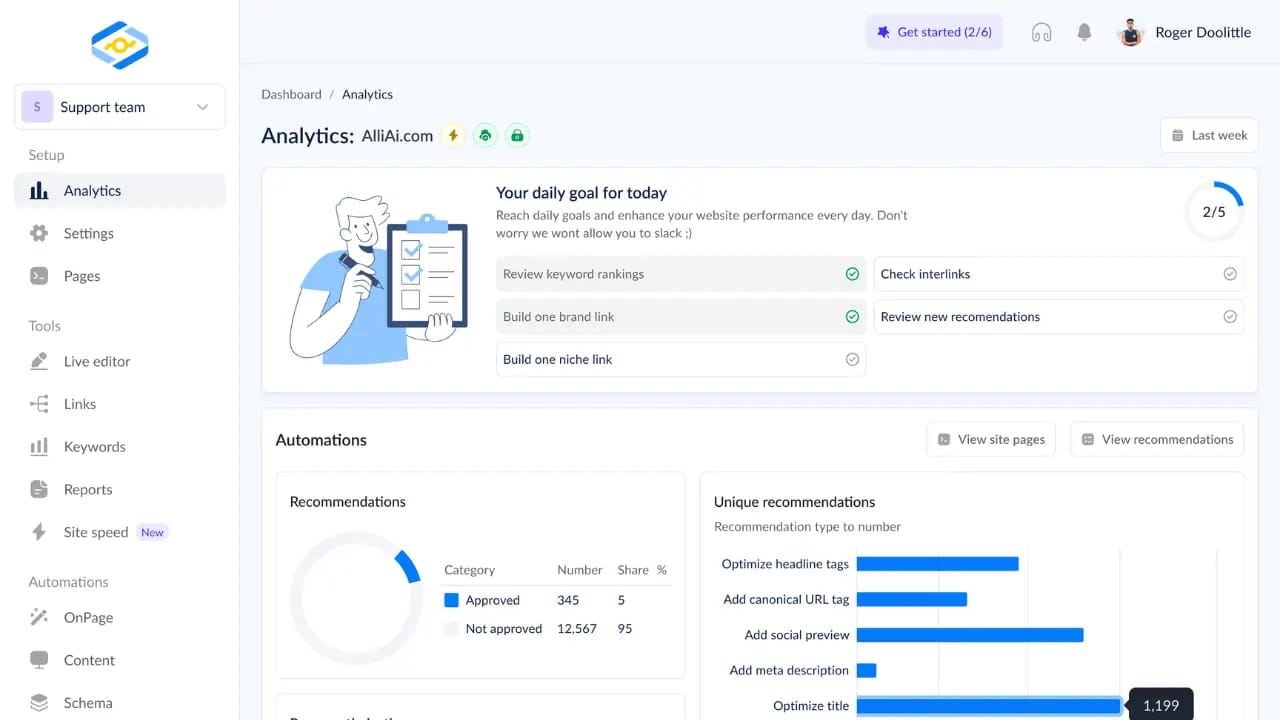 Alli AI SEO automation platform dashboard showing on-page optimization features for websites