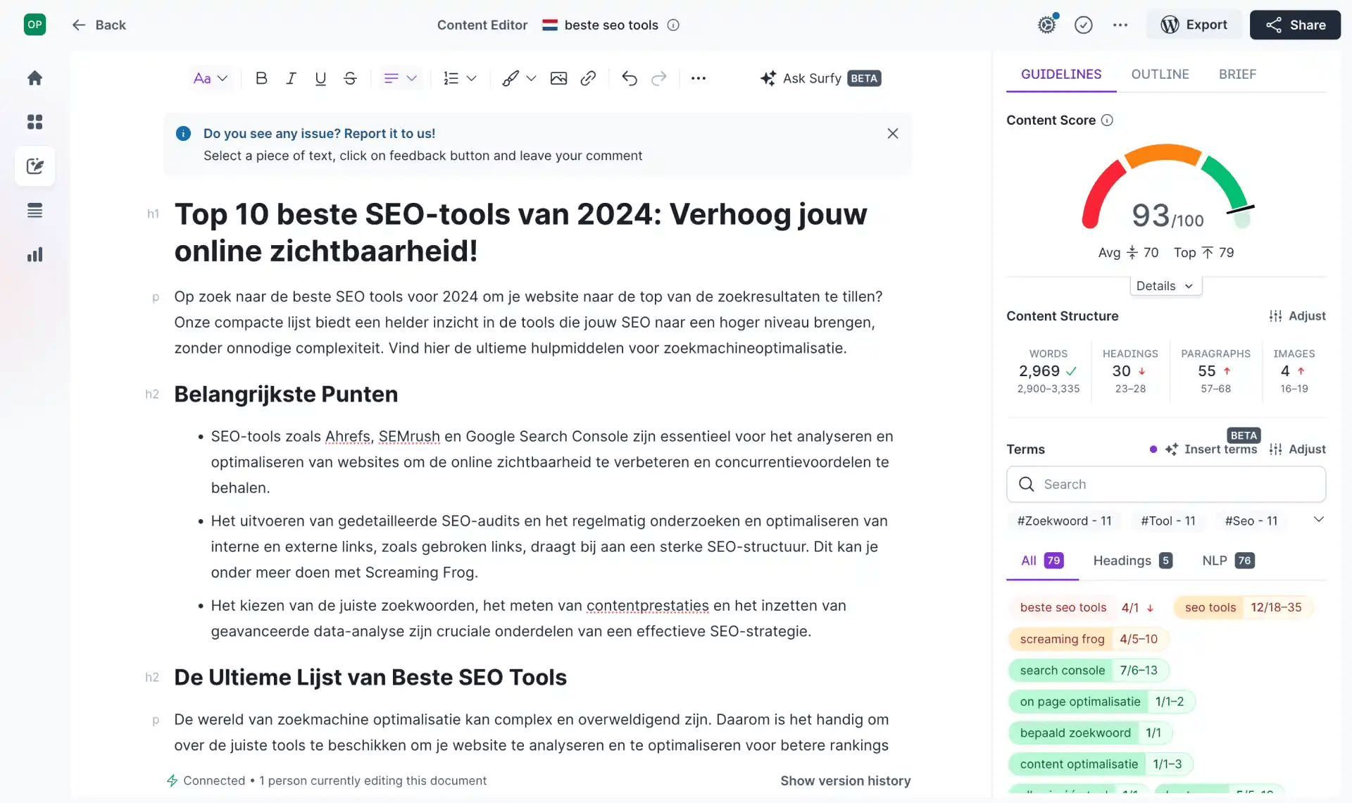 SurferSEO content editor interface showing keyword optimization score and writing guidelines panel