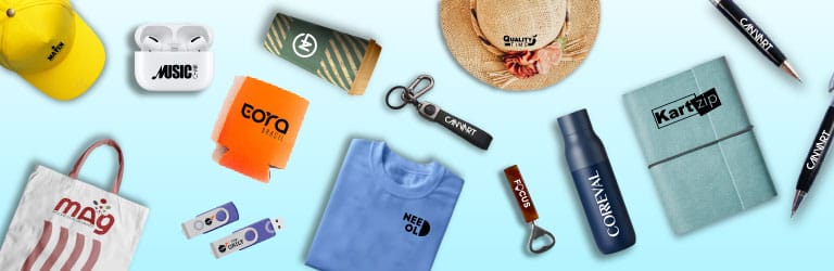 Assorted custom promotional products branded merchandise giveaway items for business marketing