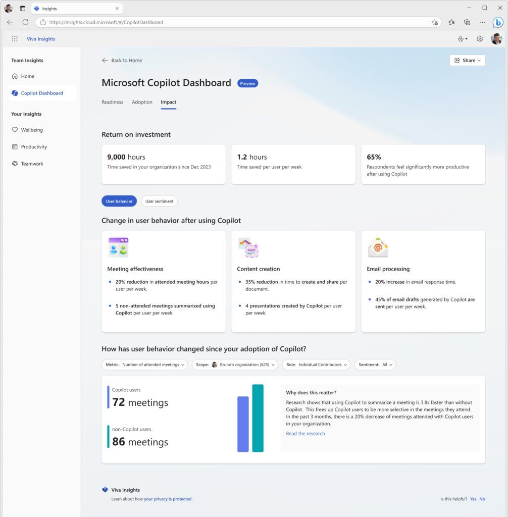 Microsoft 365 Copilot dashboard interface showing AI productivity features for enterprise users