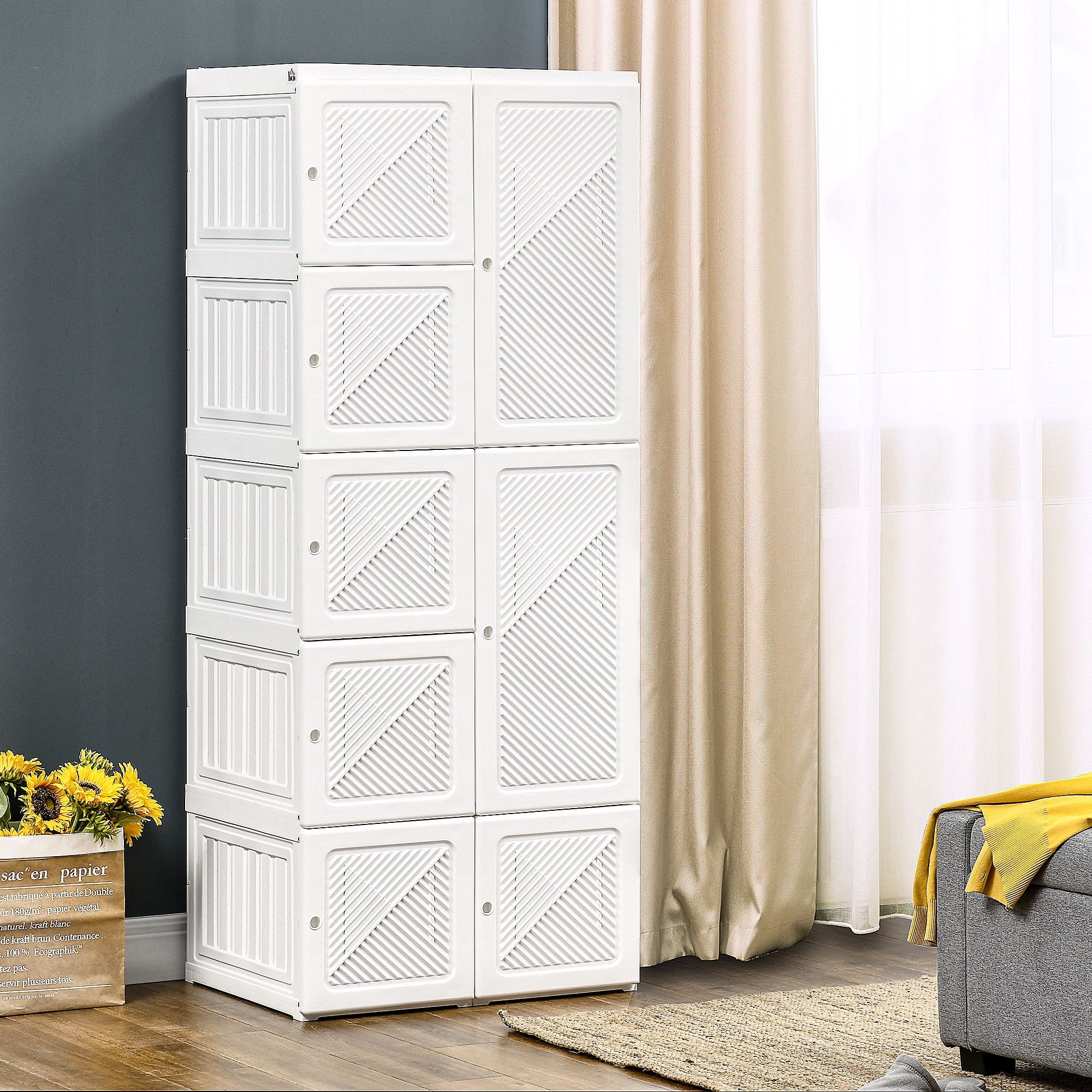 HOMCOM white portable wardrobe closet with cube compartments and hanging rod for bedroom