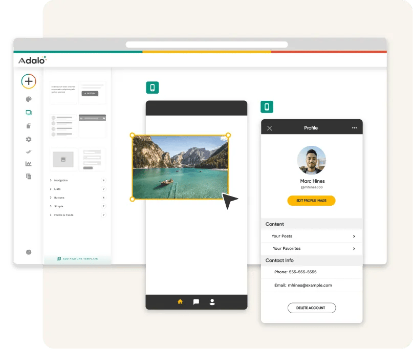Adalo no-code app builder visual canvas interface for creating database-driven mobile applications