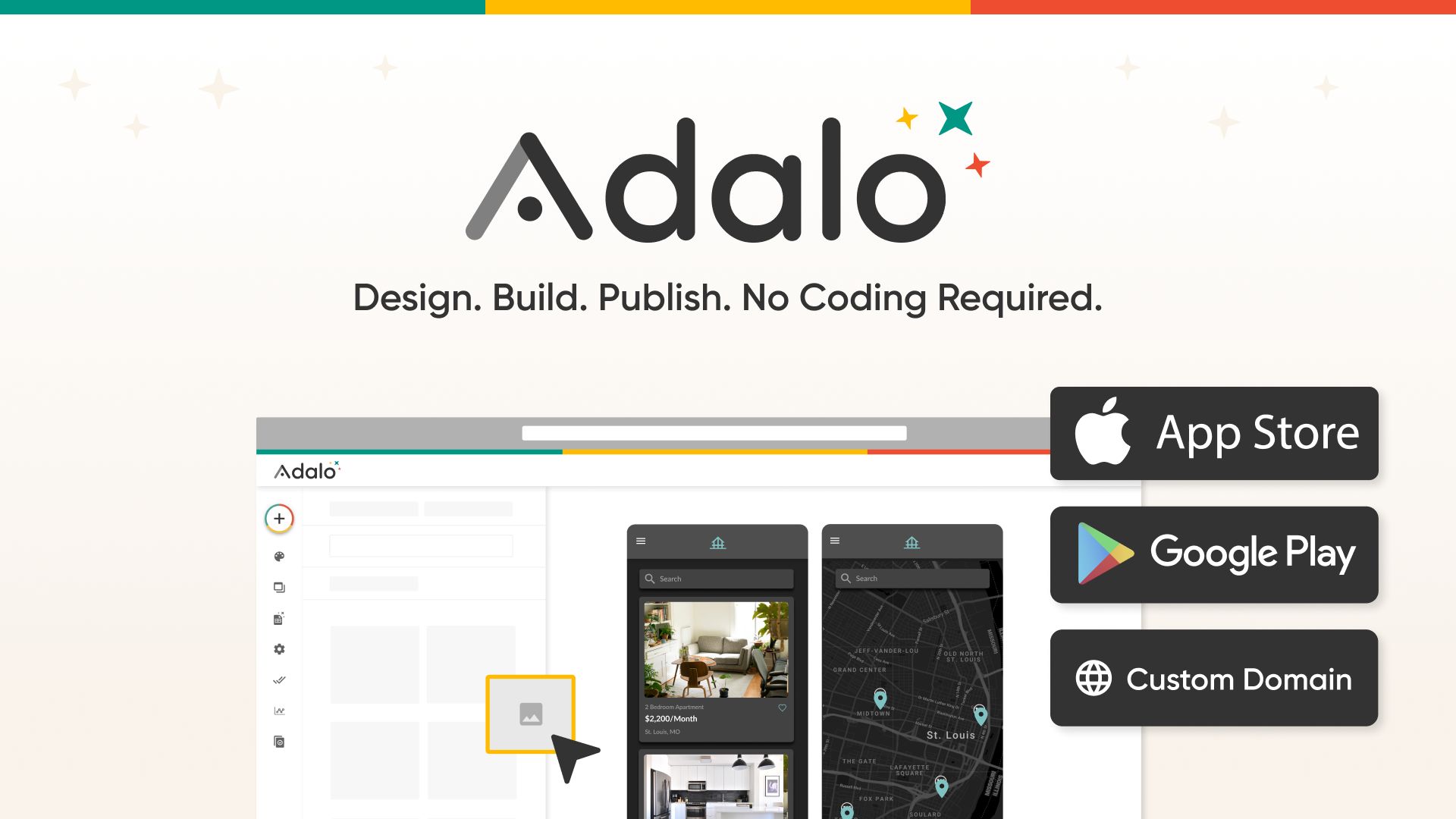 Adalo visual canvas showing drag-and-drop app design with native UI components and database integration