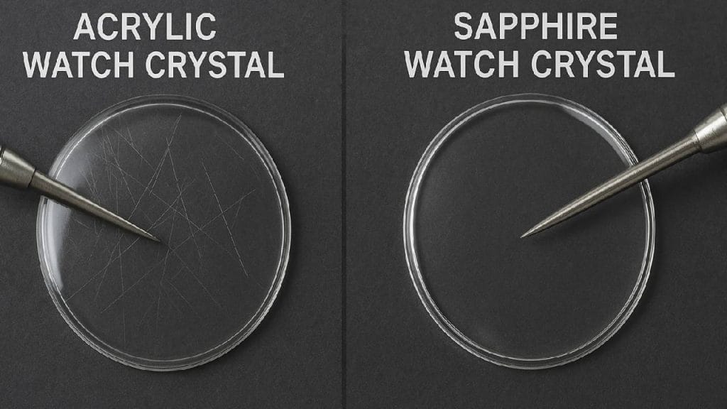 Watch crystal comparison chart showing acrylic mineral and sapphire crystal durability differences