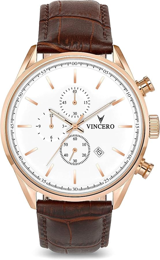 Vincero Chrono S luxury men's watch with rose gold case and white dial showing DDP-shipped alternative
