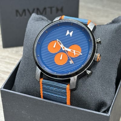 MVMT Chrono blue dial minimalist chronograph watch with nylon strap for trend-conscious buyers