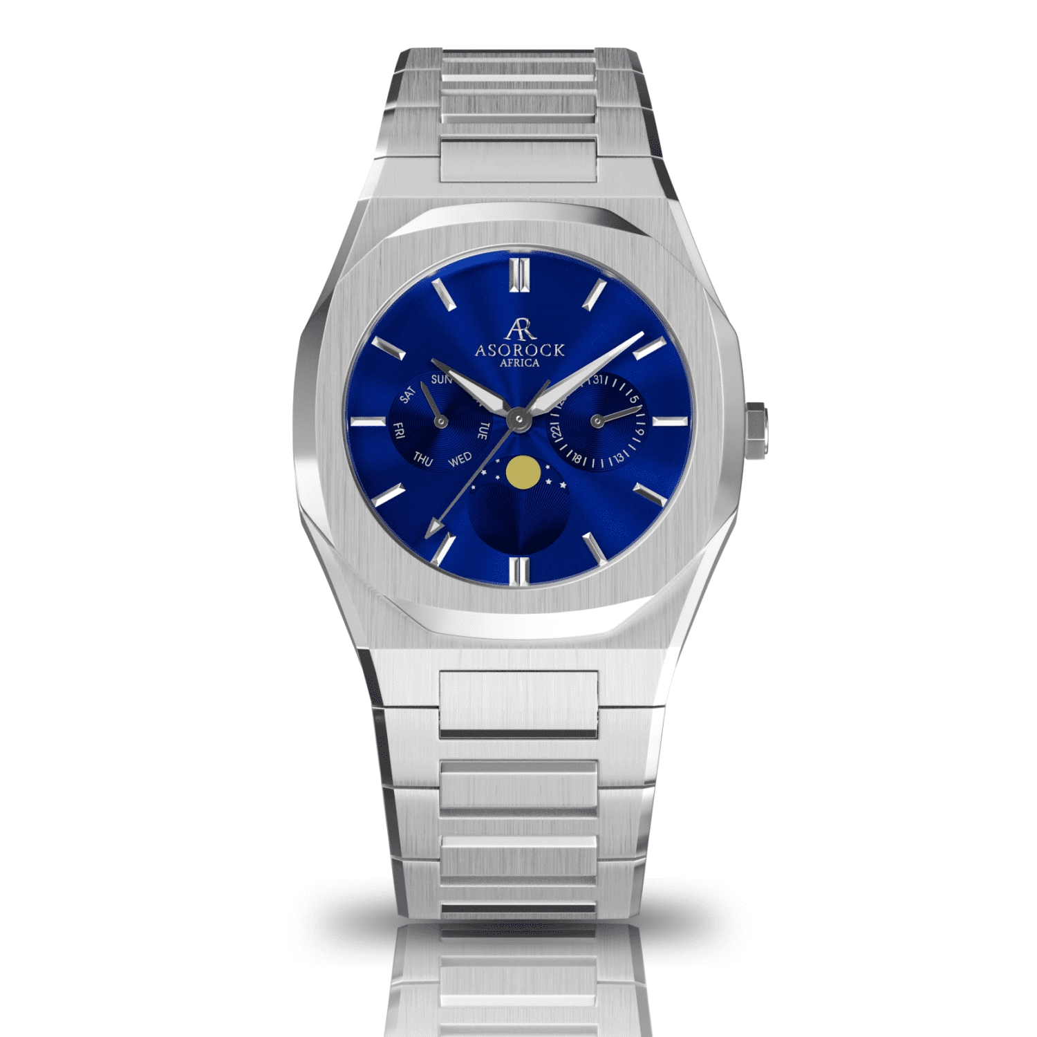 Asorock luxury minimalist watch with silver blue dial and moonphase complication example