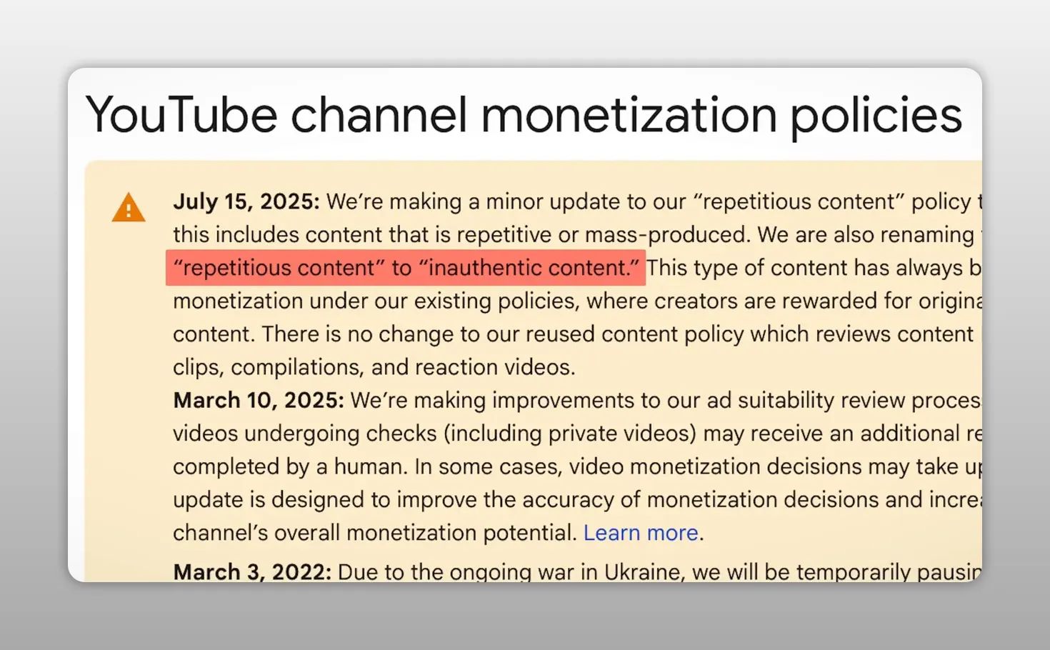 YouTube AI demonetization warning showing channel risk for auto-generated low-quality content