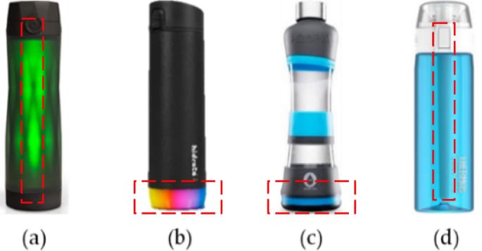 Smart water bottle sensor puck testing setup measuring fluid intake accuracy in laboratory conditions