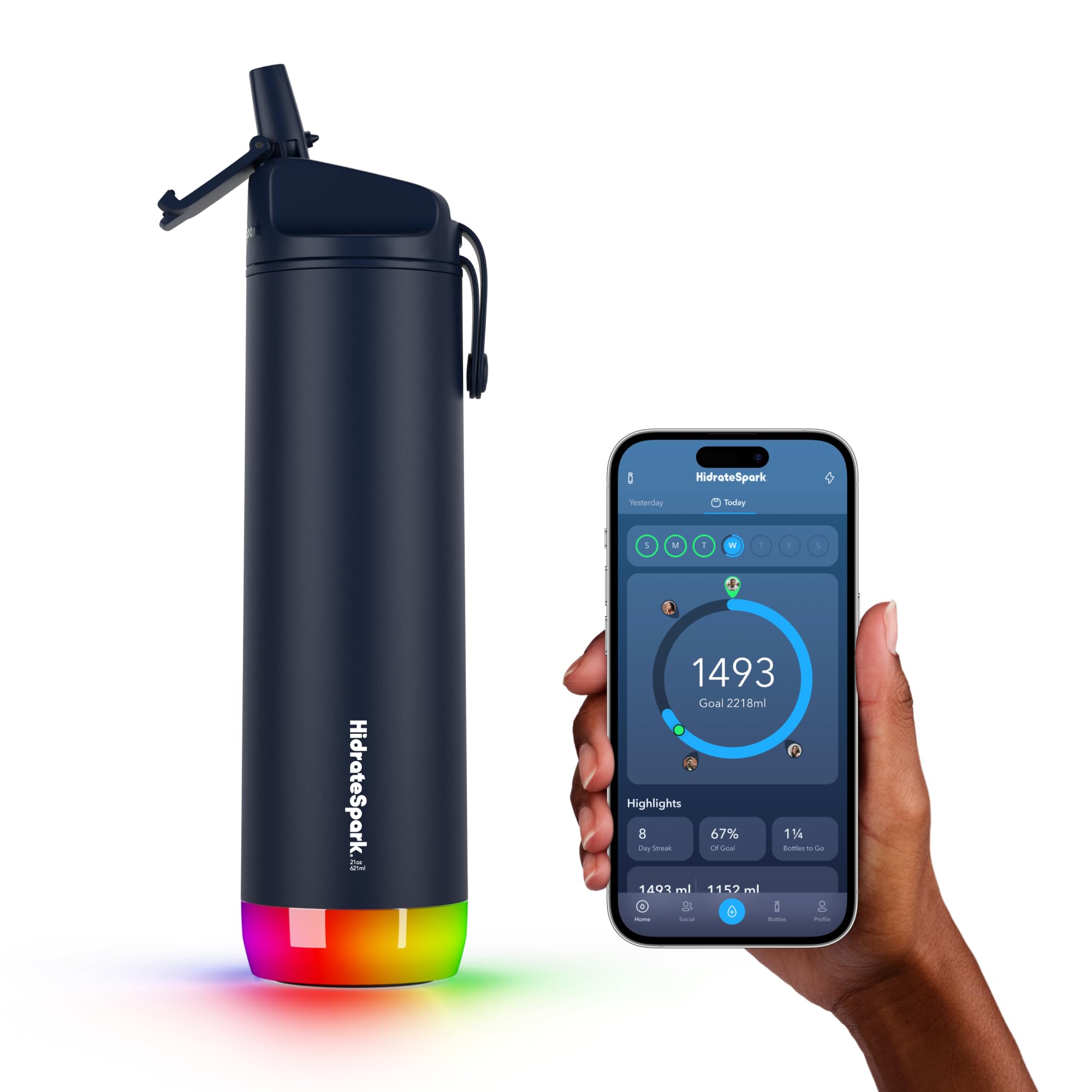 HidrateSpark Pro smart water bottle in black stainless steel finish with LED puck at base