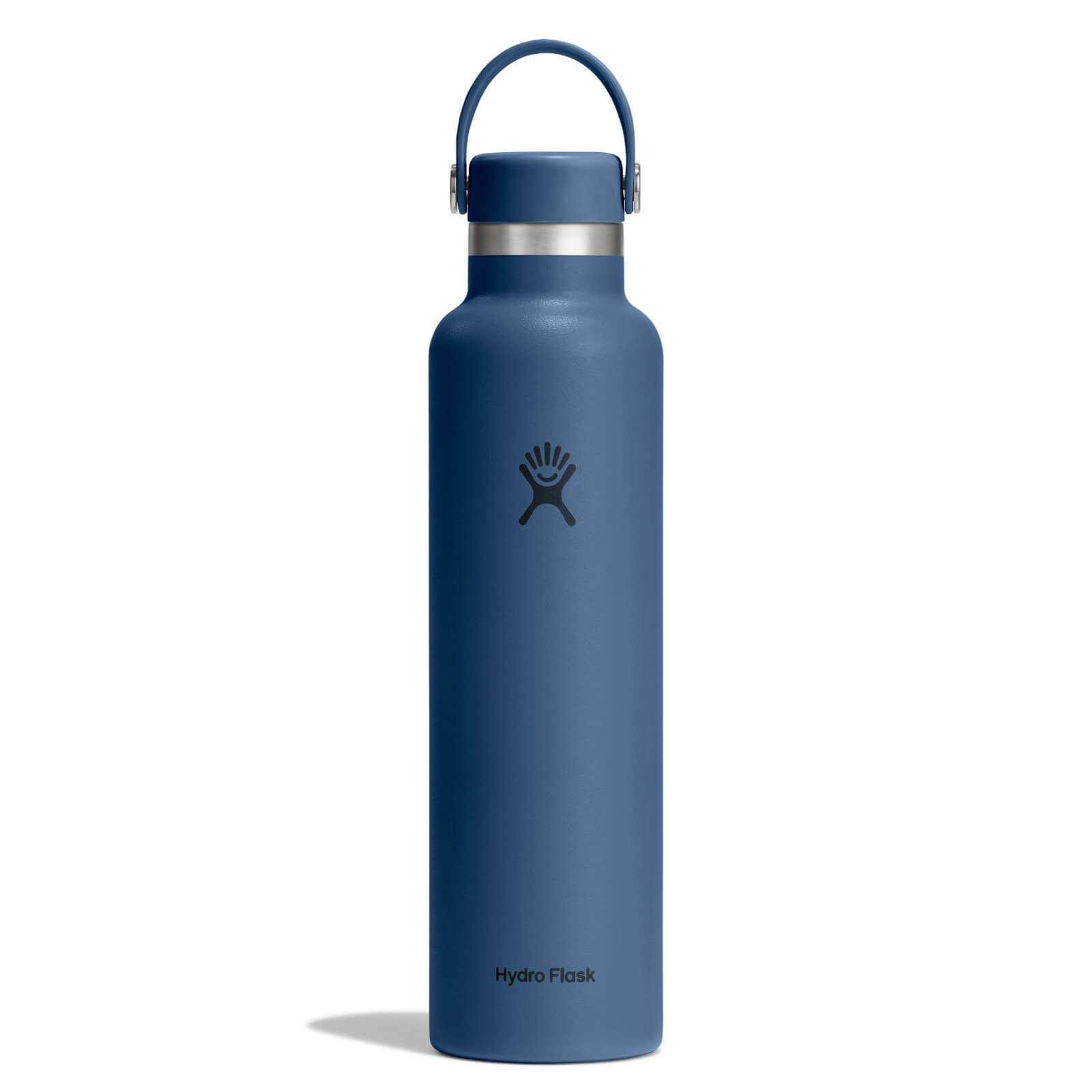 Hydro Flask insulated stainless steel water bottle in harbor blue with standard flex cap on white background