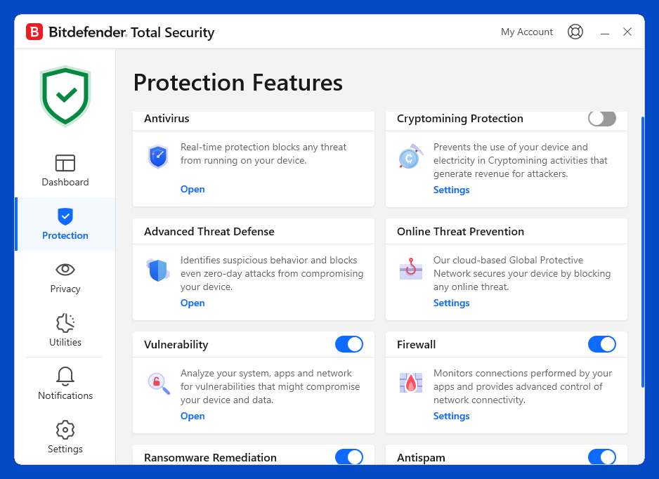 Bitdefender Total Security dashboard showing security status and quick action buttons on Windows