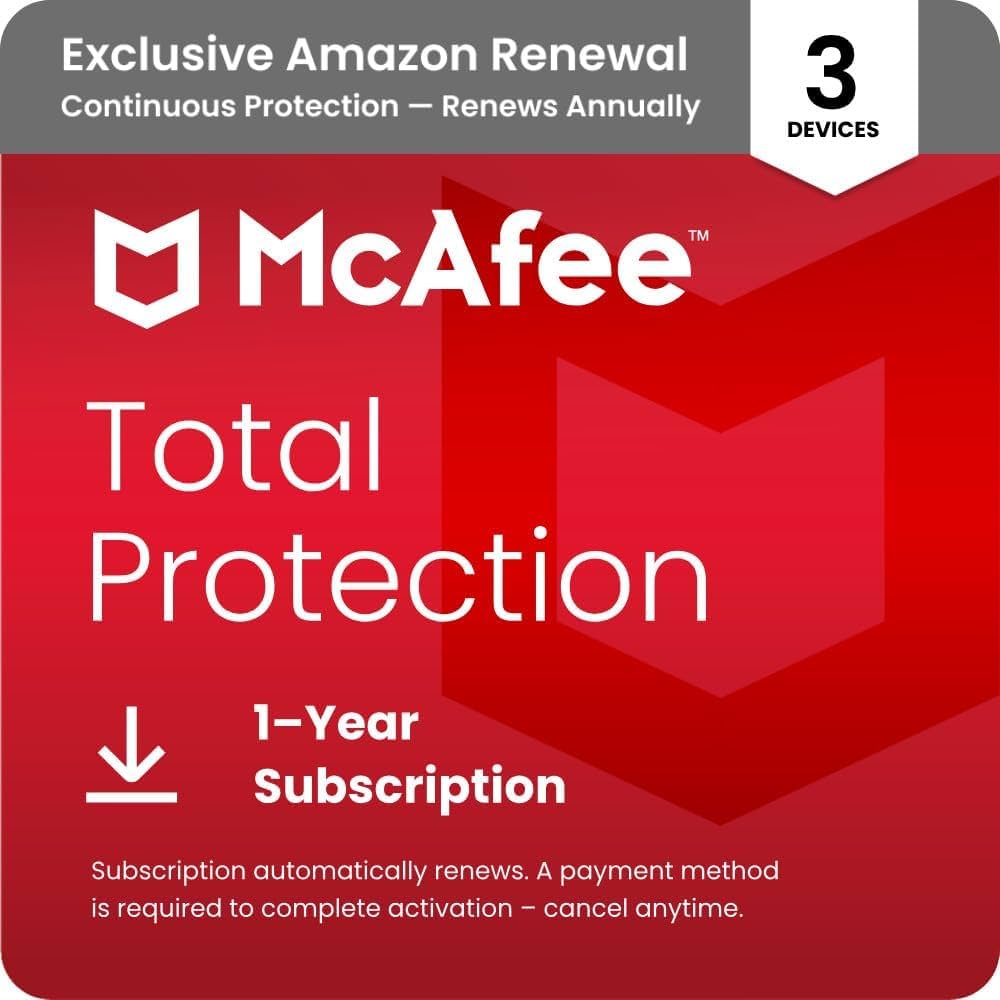McAfee Total Protection antivirus software box for 3 devices with VPN and identity monitoring