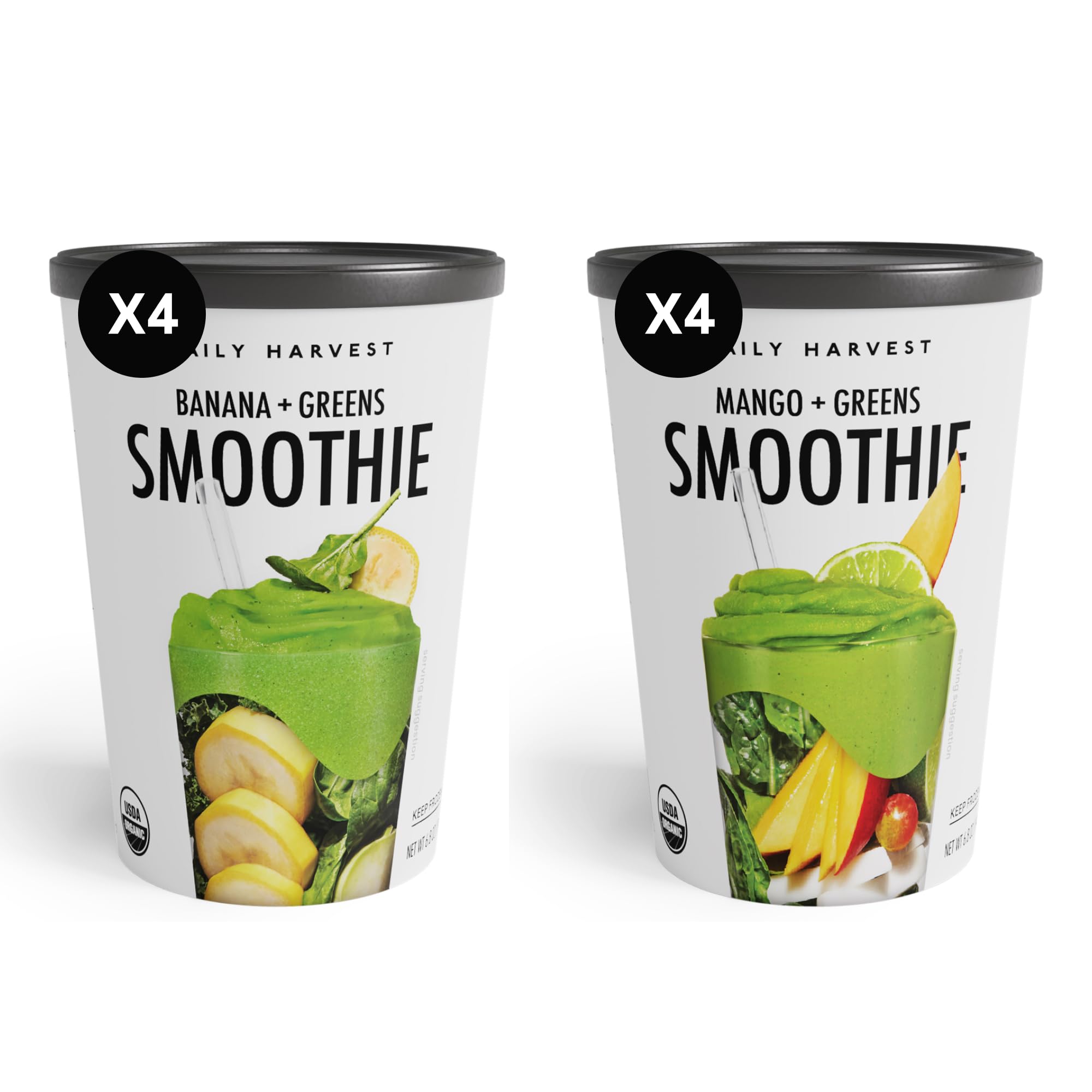 Daily Harvest organic frozen smoothie cups showing chef-designed recipe variety options