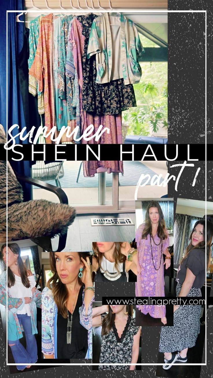 SHEIN boho summer try-on haul featuring inexpensive floral tops in various styles and prints
