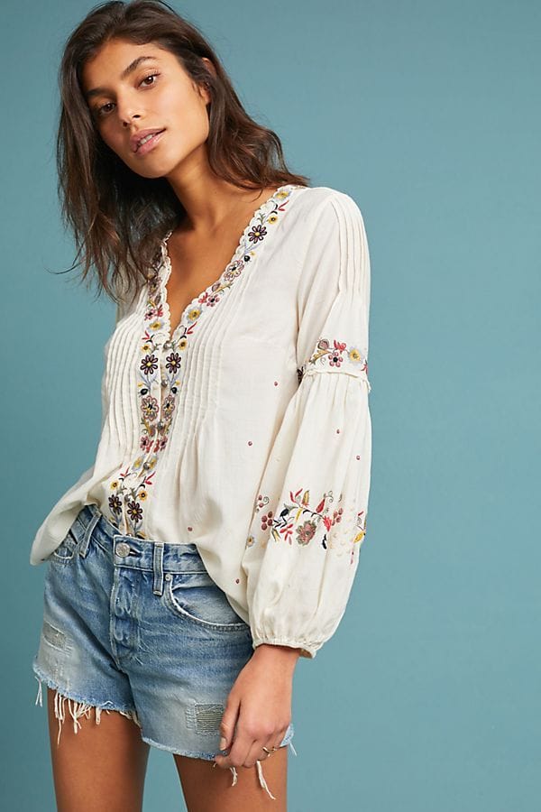 Anthropologie embroidered peasant boho top with intricate floral needlework and artisan-quality detailing
