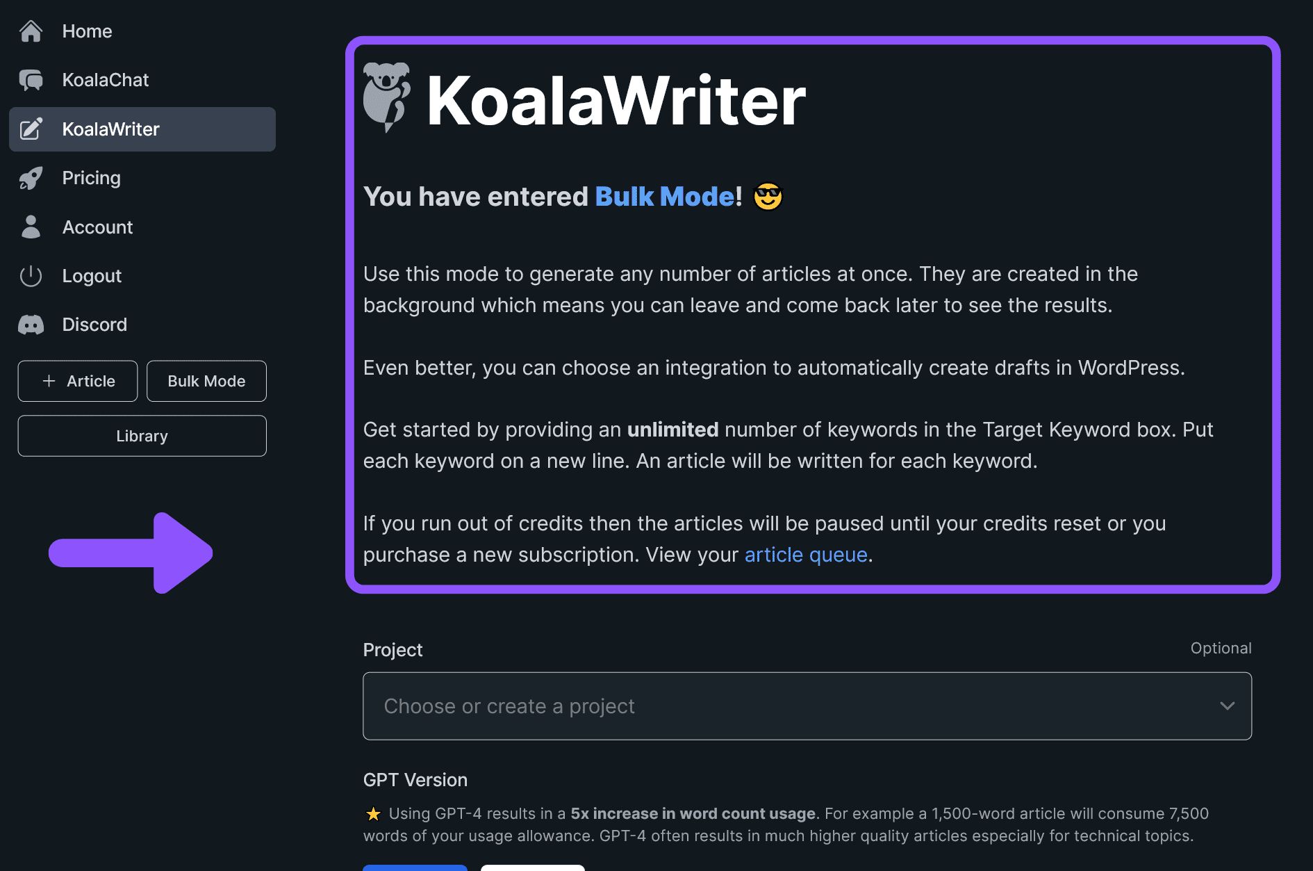 KoalaWriter AI blogging tool dashboard interface for long-form article generation comparison