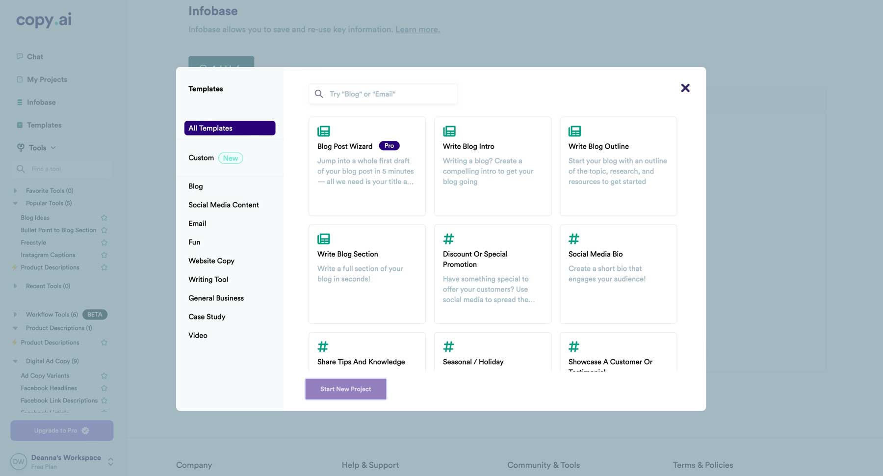 Copy.ai dashboard interface for sales automation and content generation workflows