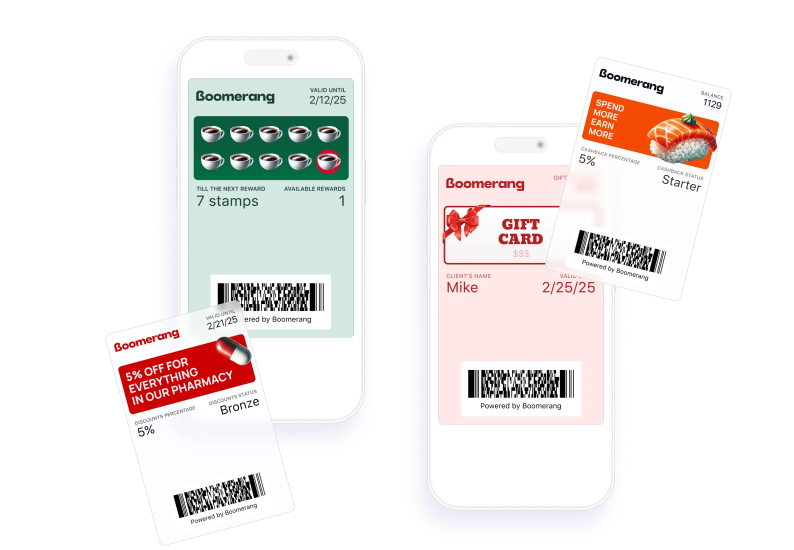 Boomerangme digital loyalty program dashboard showing customer reward cards for small business marketers