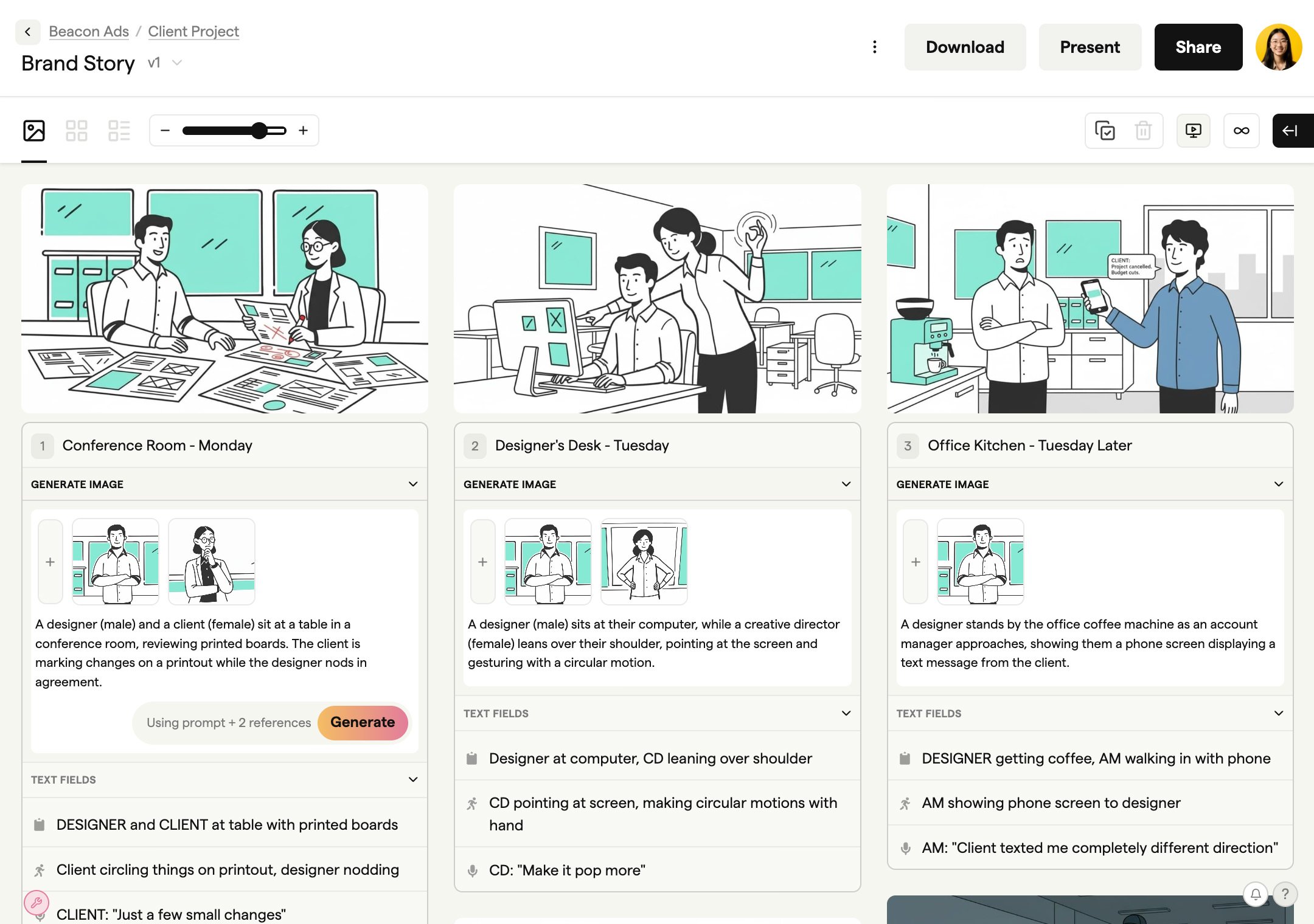 Boords workflow interface showing storyboard frames drag and drop shot sequencing feature