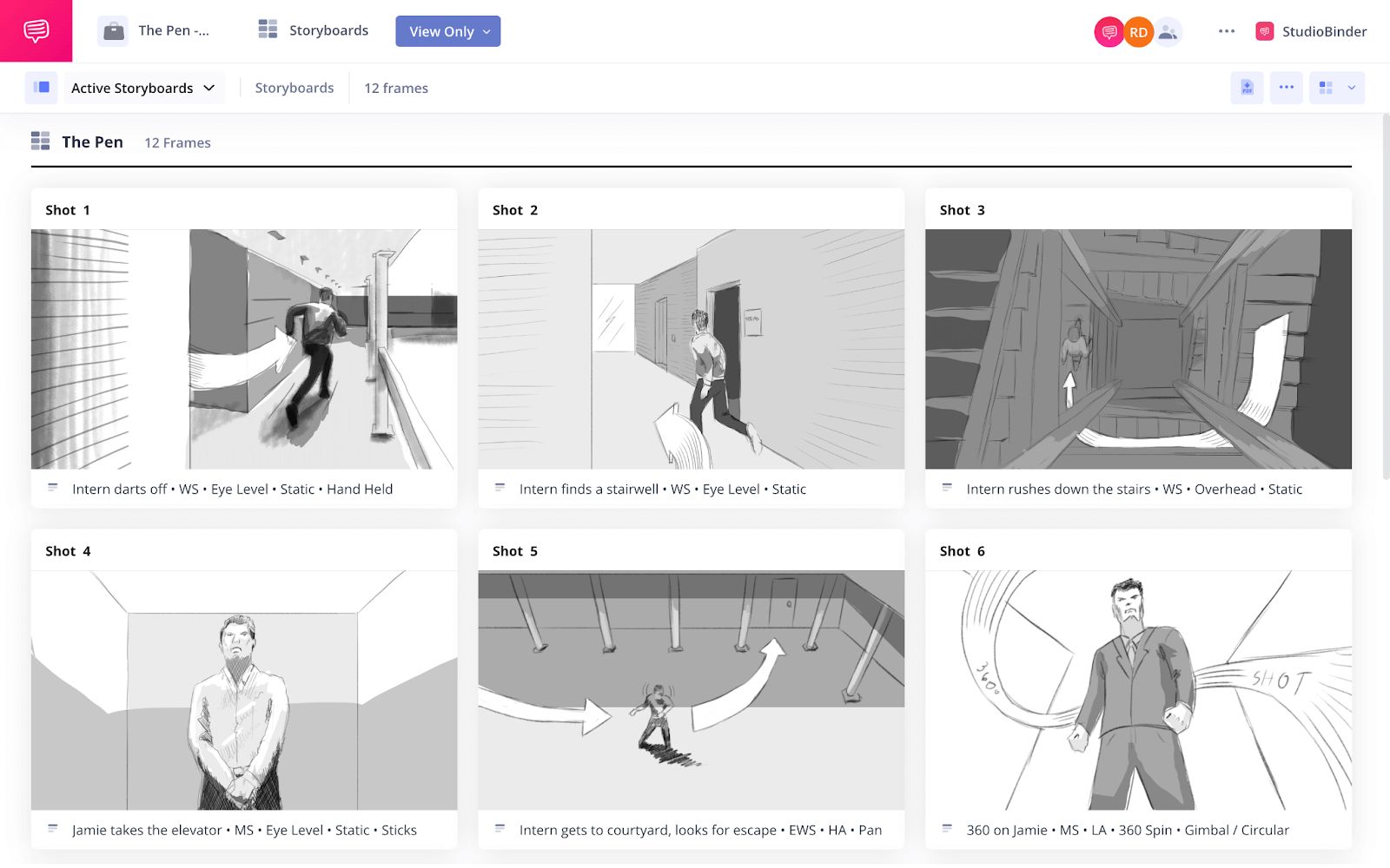 Filmmaker planning live-action shot with storyboard software showing 3D scene blocking layout