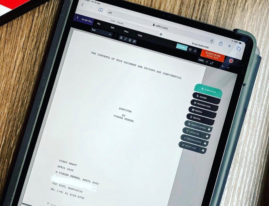 Celtx screenwriting software interface for storytellers featuring integrated script and production tools