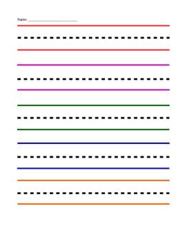 BrightLines multi-color handwriting paper with red baseline blue midline and yellow highlighted writing area
