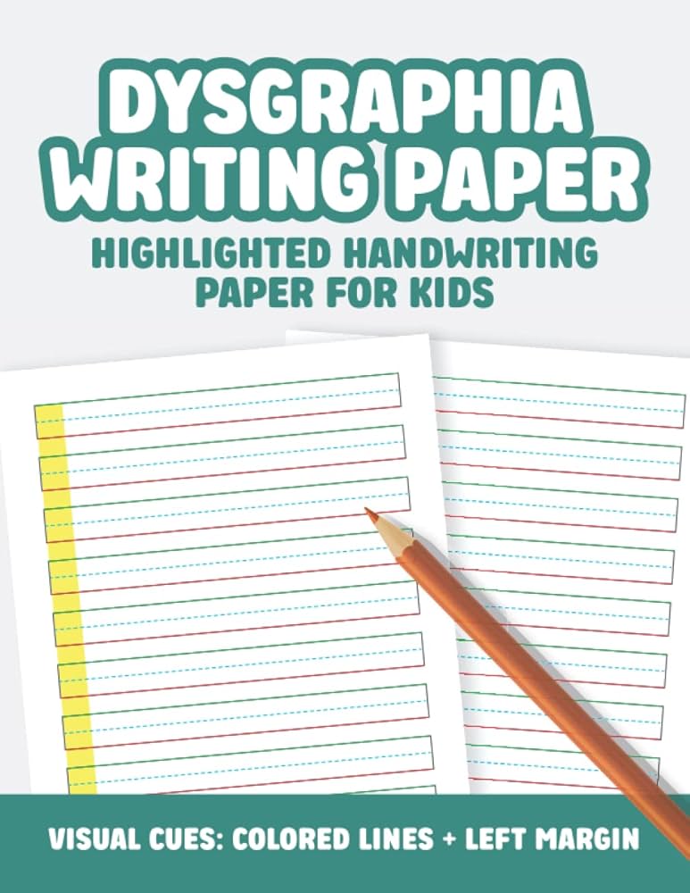Adaptive dysgraphia writing paper showing highlighted color coded lines and left margins for kids