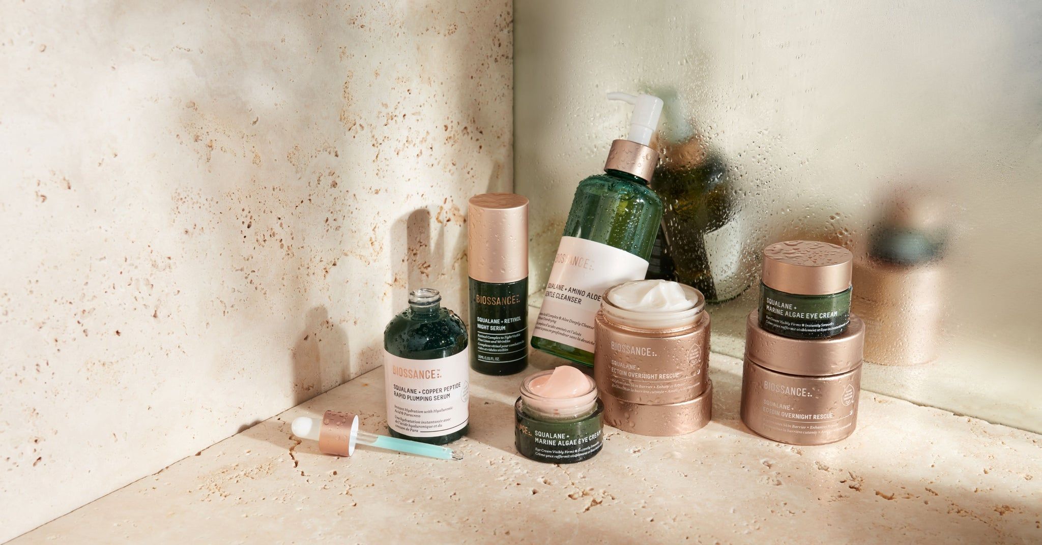 Biossance squalane skincare product range on a light background showcasing sustainable packaging design