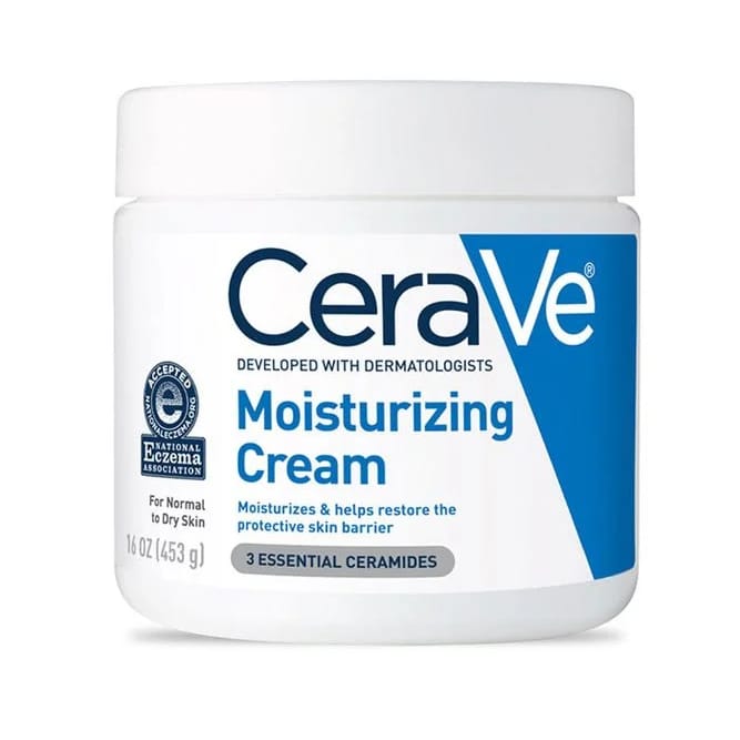 CeraVe moisturizing cream jar showing dermatologist recommended barrier repair formula packaging