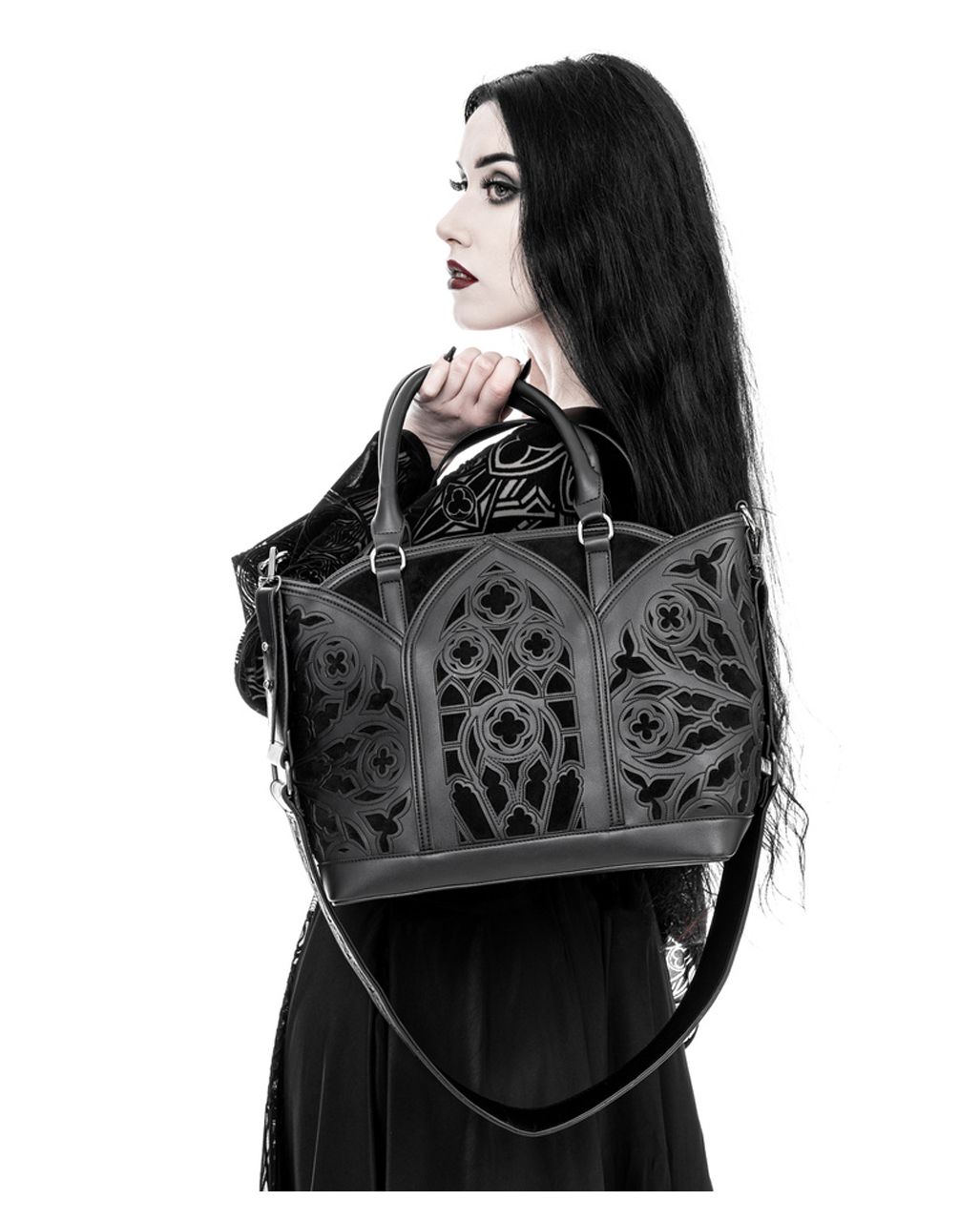 Bylycoris style ornate gothic shoulder handbag with intricate dark fantasy hardware and structured silhouette