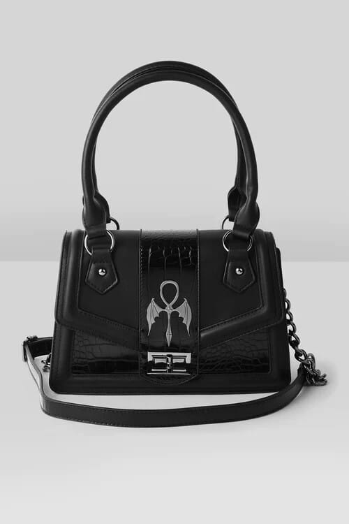 Killstar Astaroth gothic alternative faux crocodile handbag in black with buckle strap detail
