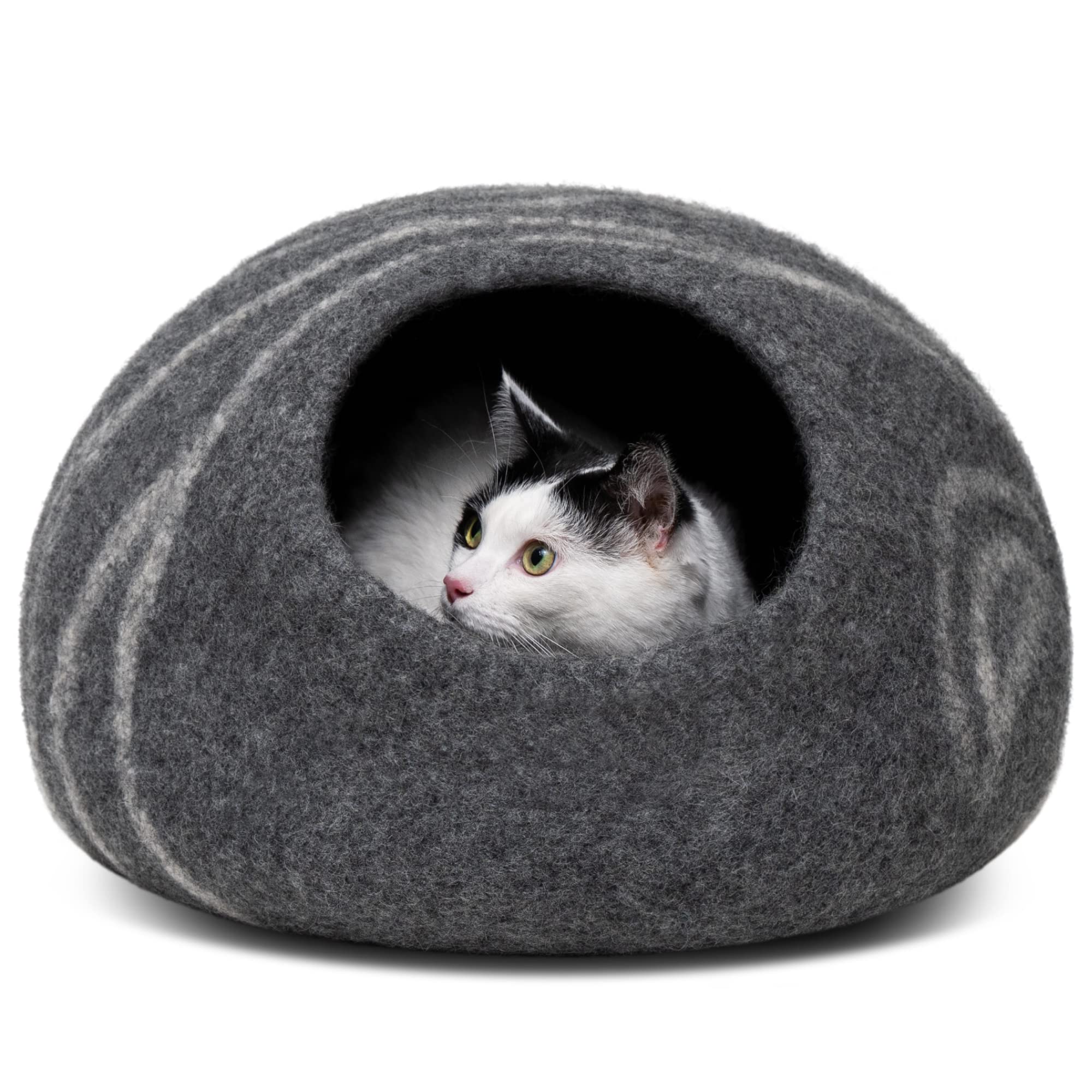 Meowfia premium felt Merino wool cat cave in dark grey shown on Amazon listing