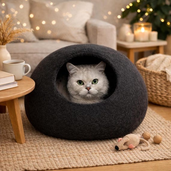 Handmade black felt wool cat cave cozy kitty cocoon bed for indoor cats
