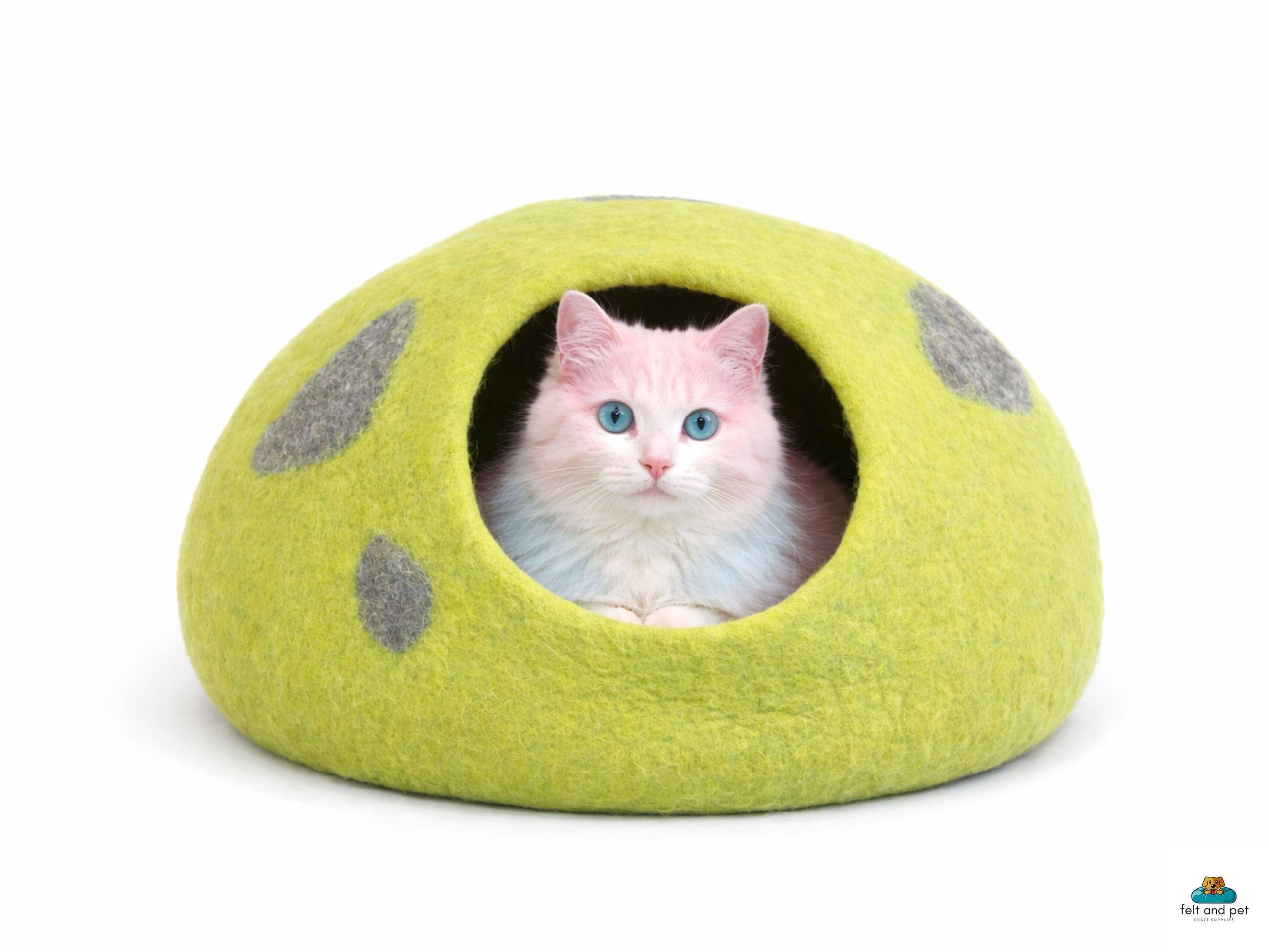 Olive green wool felt cat cave modern minimalist design handcrafted pet furniture