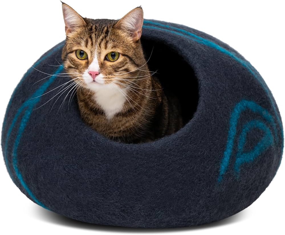 Meowfia premium felt cat cave in black aqua showing sturdy dome shape for indoor cats