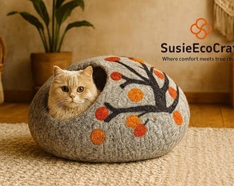 Extra large wool cat cave designed for Maine Coon size breeds in soft grey felt
