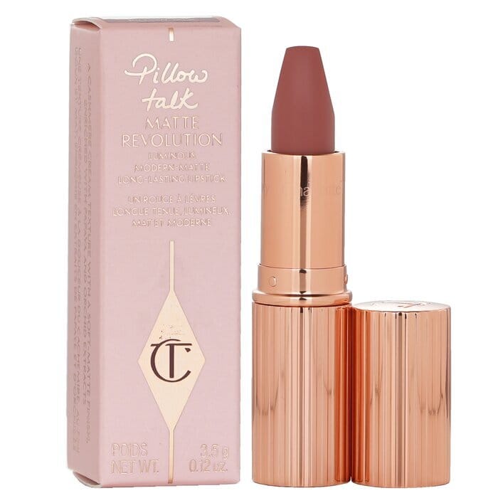 Charlotte Tilbury Matte Revolution Pillow Talk lipstick in rose-gold tube on white background