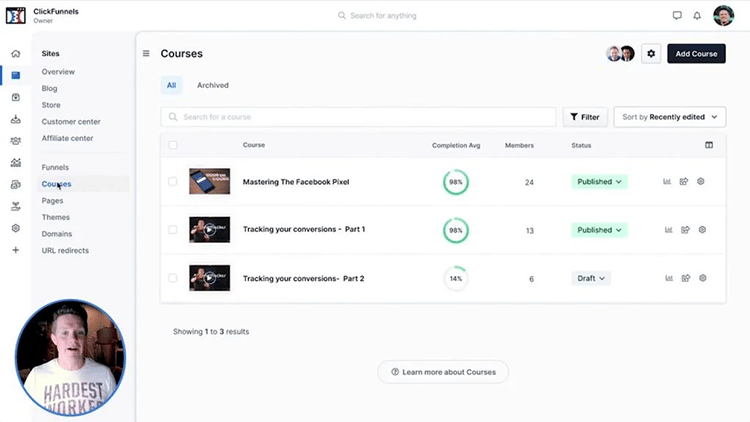 ClickFunnels 2.0 dashboard interface showing all-in-one marketing platform features and funnel builder