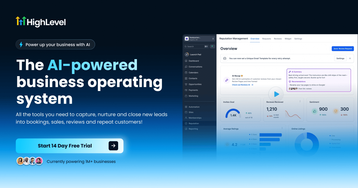 GoHighLevel agency platform dashboard showing white-label features and client sub-account management