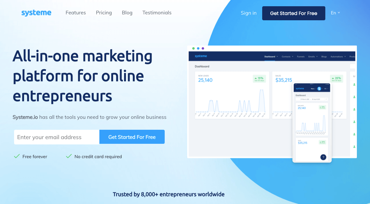 Systeme.io all-in-one marketing platform review 2026 showing dashboard and features overview