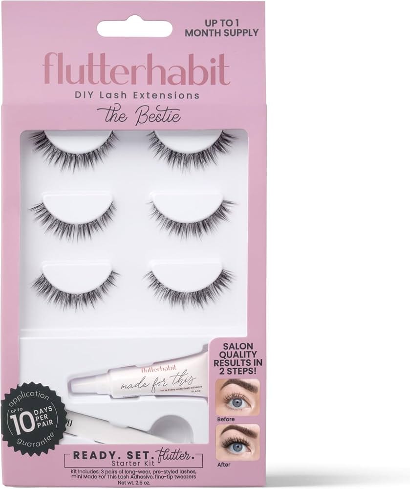 FlutterHabit Bestie Ready Set DIY eyelash extension starter kit with natural lash clusters and lash glue