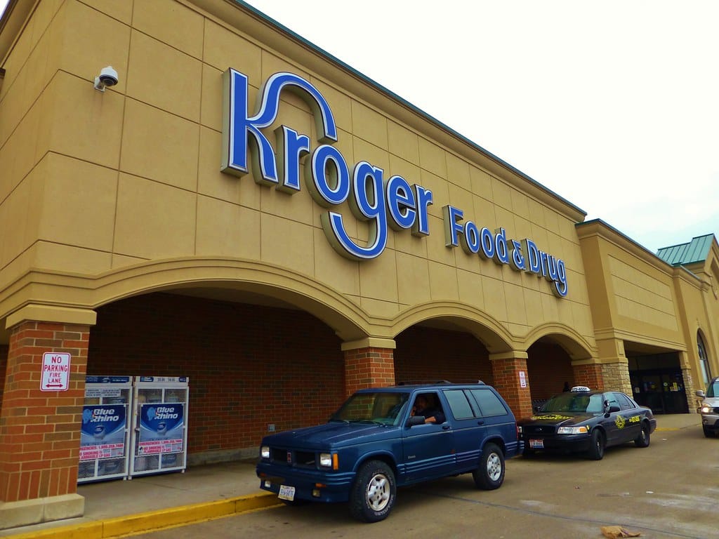 Kroger supermarket exterior storefront in Huber Heights showing signage and entrance